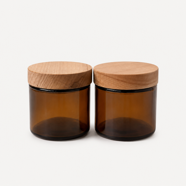 Банка скляна бурштинового кольору з дерев'яною кришкою, 120мл 2063414766 фото
